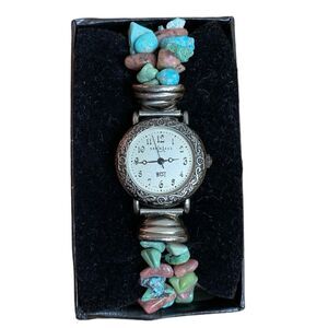 LA Express Turquoise Multi Colored Gemstone Beaded Band Watch 7 1/2” Long